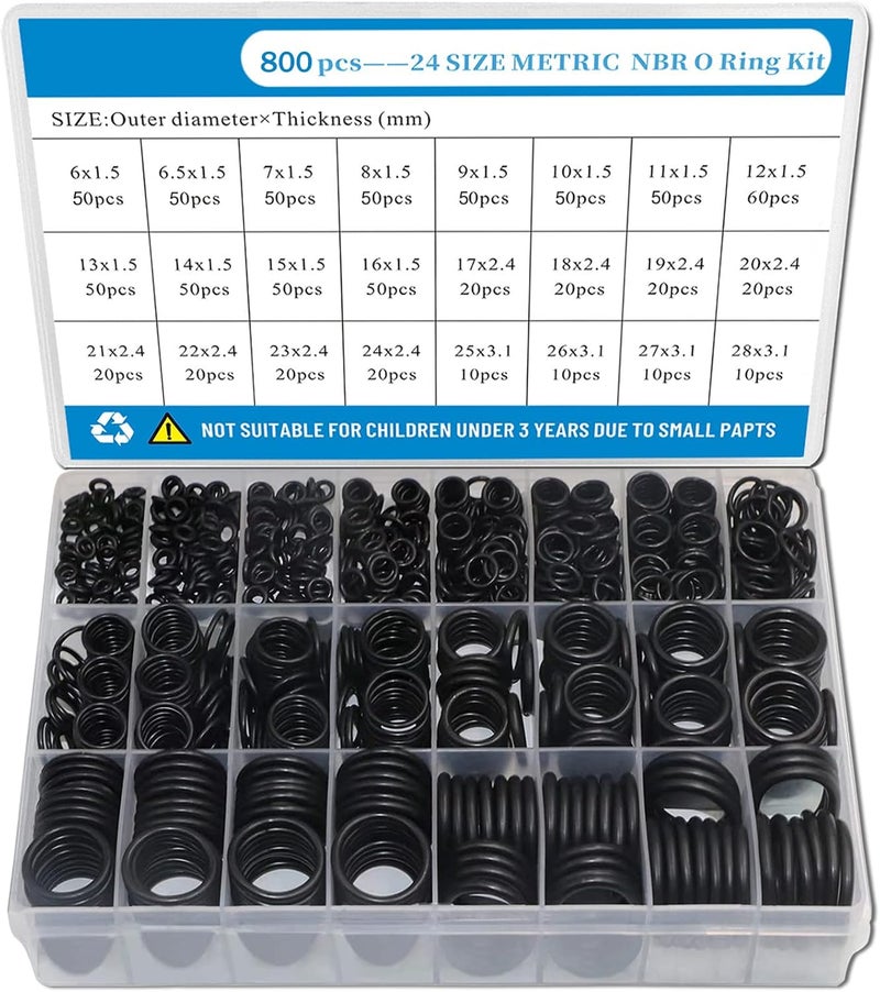 KASTWAVE Rubber O Ring Set, 24 Size 800 PCS Black Small O Rings Assortment Kits, Assorted Metric Sealing Washer for Automotive Faucet Pressure Plumbing Sealing Repair, Air or Gas Connections and Heat - Image 1