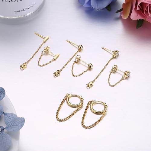 YADOCA 4 Pairs Chain Earrings for Women CZ Ball Bar Huggie Hoop Piercing Dangle Chain Stud Earring Set Gold - Image 5
