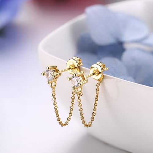YADOCA 4 Pairs Chain Earrings for Women CZ Ball Bar Huggie Hoop Piercing Dangle Chain Stud Earring Set Gold - Image 4