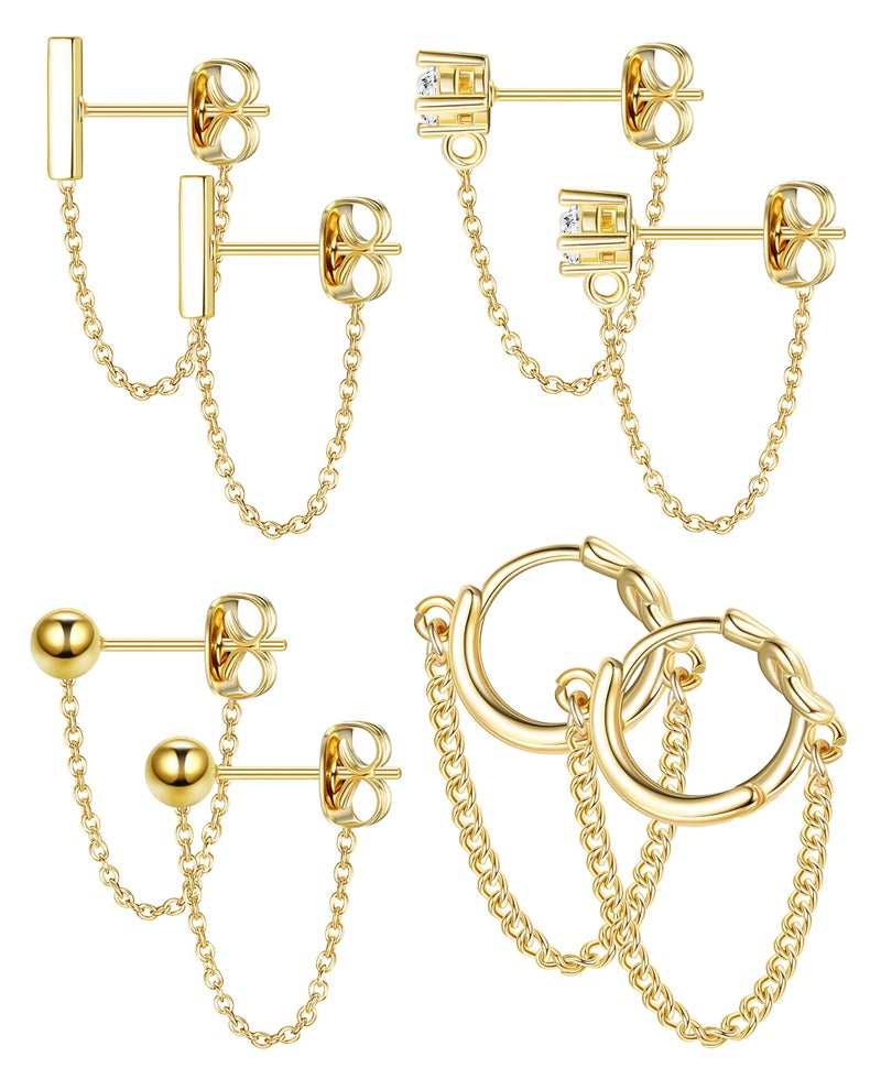 YADOCA 4 Pairs Chain Earrings for Women CZ Ball Bar Huggie Hoop Piercing Dangle Chain Stud Earring Set Gold - Image 1