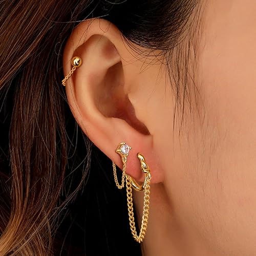 YADOCA 4 Pairs Chain Earrings for Women CZ Ball Bar Huggie Hoop Piercing Dangle Chain Stud Earring Set Gold - Image 2