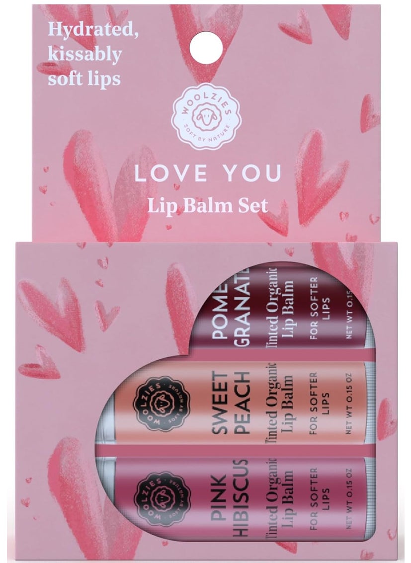 Woolzies - Tinted Lip Balm Set AllNatural Shea Butter Beeswax Coconut Oil Vitamin E Infused Lip Moisturizer Care Treatment 3 Pack Let Love Glow - Image 1