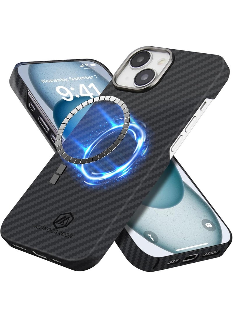 MONOCARBON Real Aramid Fiber [Ultra Slim] for iPhone 15 PLUS Case Cover [MagSafe Compatible] Lightweight Anti-Scratch - Matte Black - Image 1