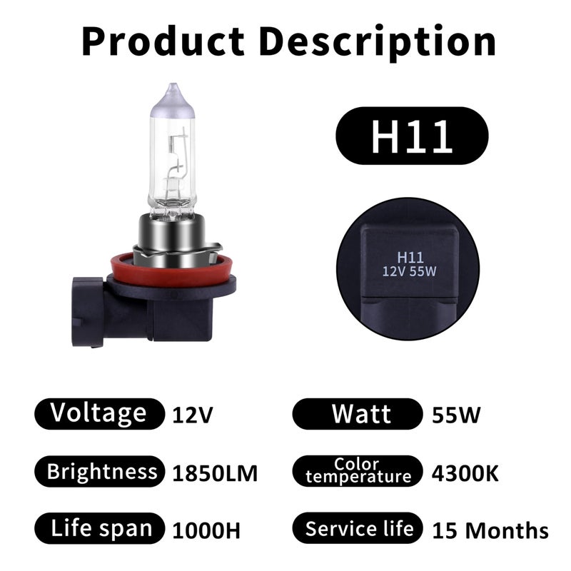 NEWBROWN H11 Headlight Bulb 200% brightness 4300K White 12V/55W Bulb Halogen Long Life Replacement PGJ19-2 (H11, 2 Pack) - Image 3