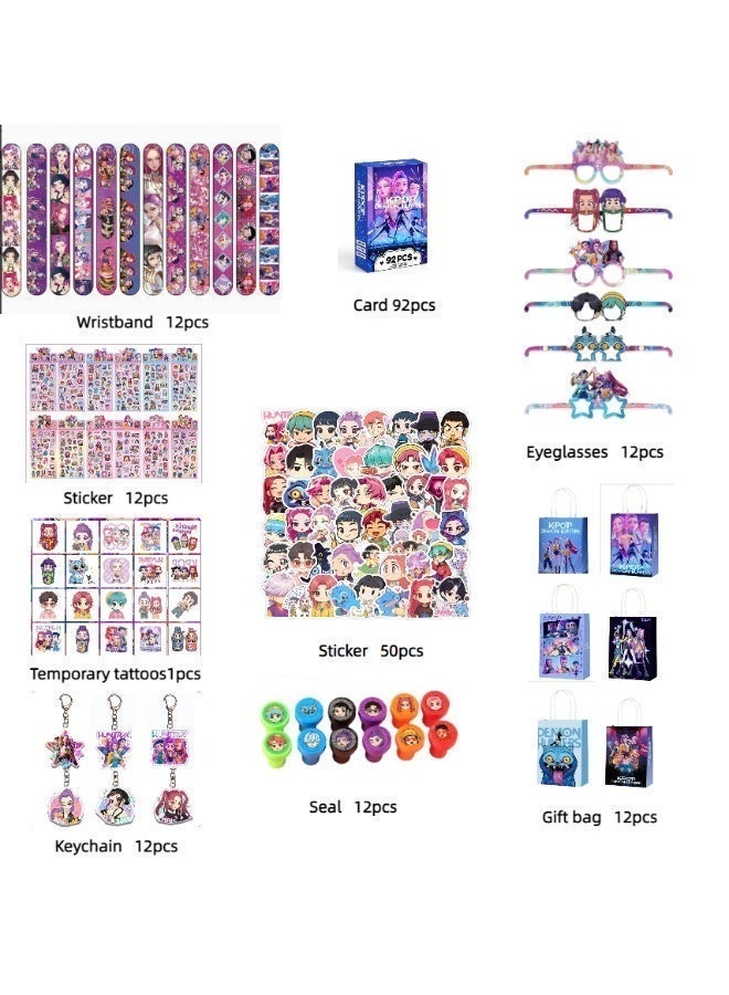 Kpop Demon Hunter Party Favors Set, All-in-One Themed Party Supplies with 12 Wristbands, 92 PCS Photocards, 12 Gift Bags, 12 Keychains, 12 Sticker Sets, 50 Character Stickers, 20 Temporary Tattoos, 12 Stamps, 12 Party Glasses, Goodie Bag Fillers for Fans Birthday Party Decorations - Image 2