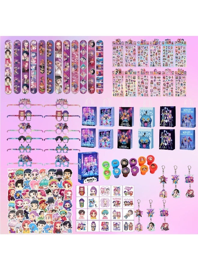 Kpop Demon Hunter Party Favors Set, All-in-One Themed Party Supplies with 12 Wristbands, 92 PCS Photocards, 12 Gift Bags, 12 Keychains, 12 Sticker Sets, 50 Character Stickers, 20 Temporary Tattoos, 12 Stamps, 12 Party Glasses, Goodie Bag Fillers for Fans Birthday Party Decorations - Image 1