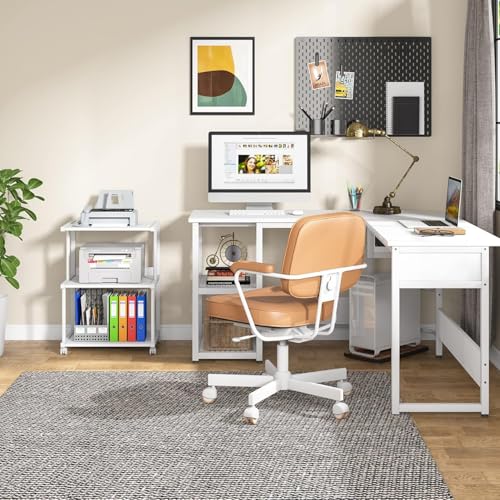 Priti 3-Shelf Printer Stand with Storage, Rolling Printer Table Machine Cart with Wheels, Mobile Desk Organizer Shelves for Office and Home (White) - Image 3