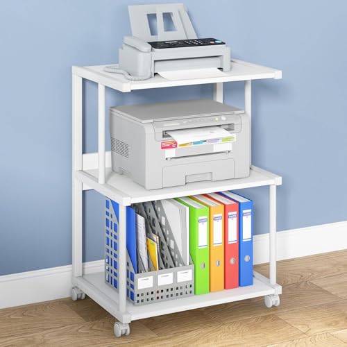 Priti 3-Shelf Printer Stand with Storage, Rolling Printer Table Machine Cart with Wheels, Mobile Desk Organizer Shelves for Office and Home (White) - Image 1