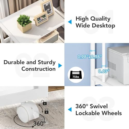 Priti 3-Shelf Printer Stand with Storage, Rolling Printer Table Machine Cart with Wheels, Mobile Desk Organizer Shelves for Office and Home (White) - Image 5