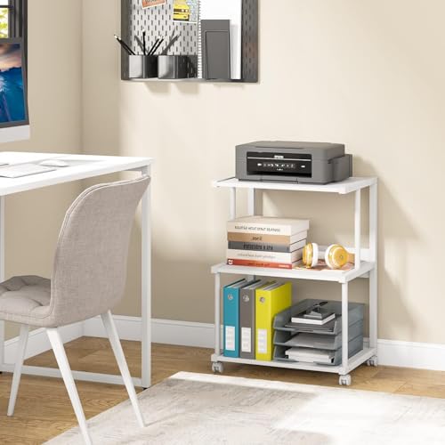 Priti 3-Shelf Printer Stand with Storage, Rolling Printer Table Machine Cart with Wheels, Mobile Desk Organizer Shelves for Office and Home (White) - Image 2