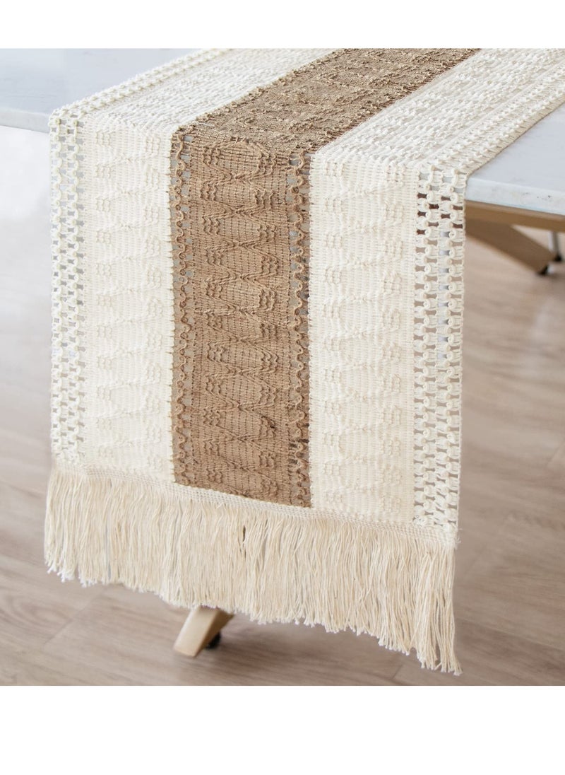 Generic Splicing Burlap Table Runner Farmhouse Style, Boho Table Runner Modern Farmhouse Decor Rustic Woven Cotton Crochet Lace for Bohemian, Rustic, Wedding, Bridal Shower, Dinner, 108 inch  - Image 1