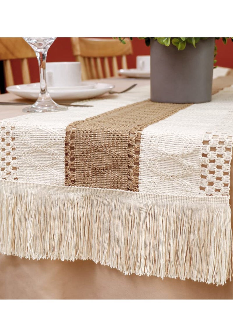 Generic Splicing Burlap Table Runner Farmhouse Style, Boho Table Runner Modern Farmhouse Decor Rustic Woven Cotton Crochet Lace for Bohemian, Rustic, Wedding, Bridal Shower, Dinner, 108 inch  - Image 5
