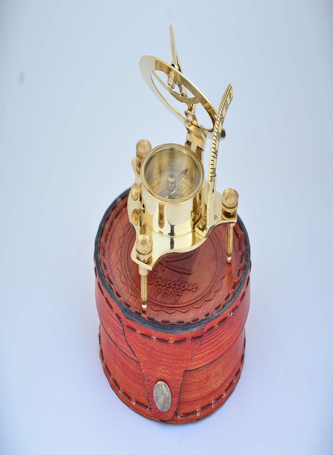 USEW Handmade Golden Brass Sundial Compass with Brown Leather Box for Navigation - Image 2
