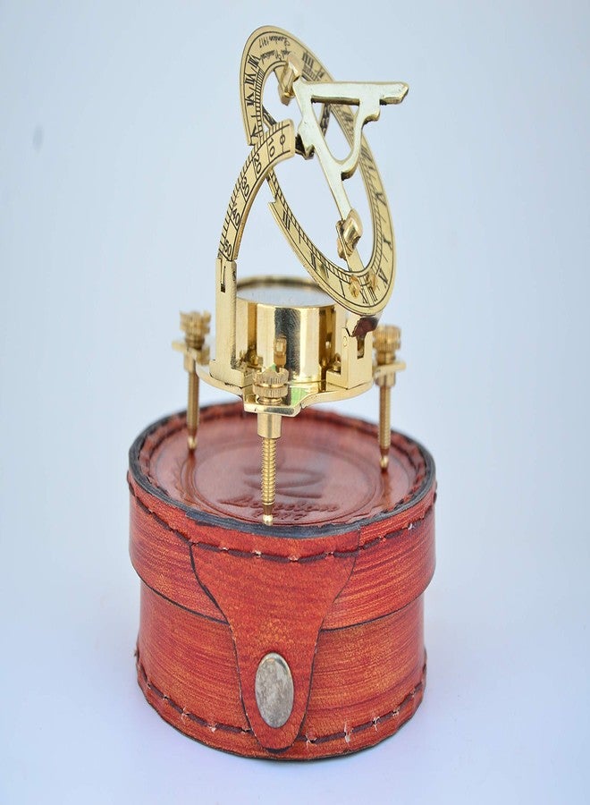 USEW Handmade Golden Brass Sundial Compass with Brown Leather Box for Navigation - Image 3