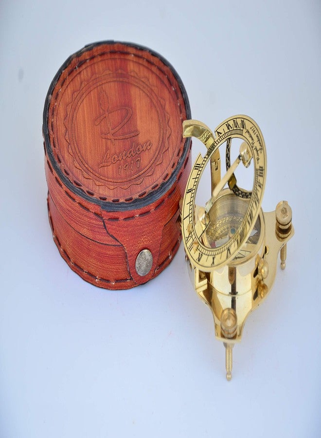 USEW Handmade Golden Brass Sundial Compass with Brown Leather Box for Navigation - Image 1