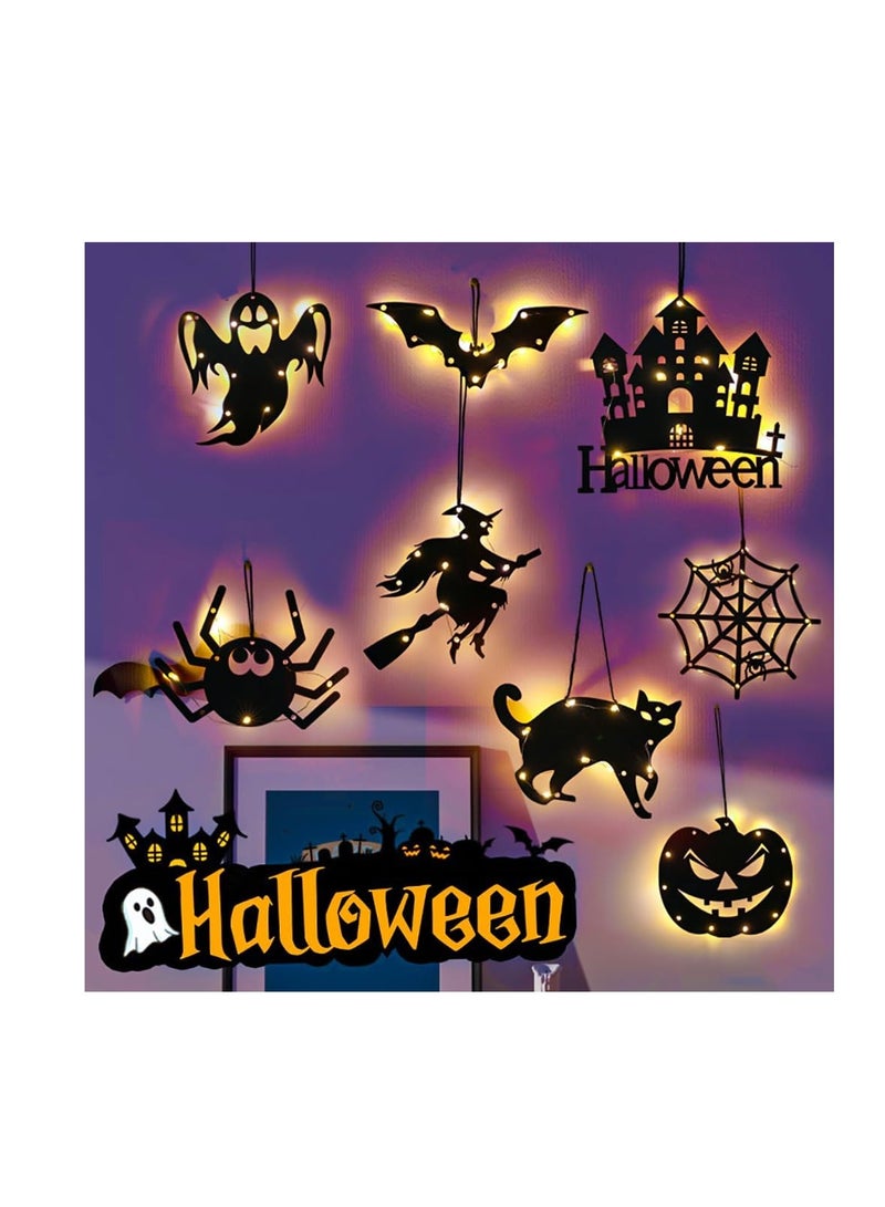  CityRiya-Long أضواء زينة الهالوين، قطع ظلية مع اليقطين، الساحر، الخفافيش، العنكبوت، الشبح، القط، نسيج العنكبوت والقلعة، 8 قطع (أسود) - Image 3