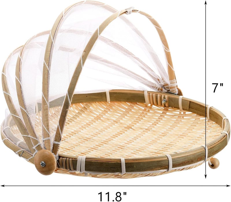 STORE 2508 Store2508 Food Serving Tent Basket, 30cm Hand-Woven Bamboo Food Serving Basket with Cover Dustproof Round Picnic Tray for Vegetable Fruit Bread Meals - Image 2