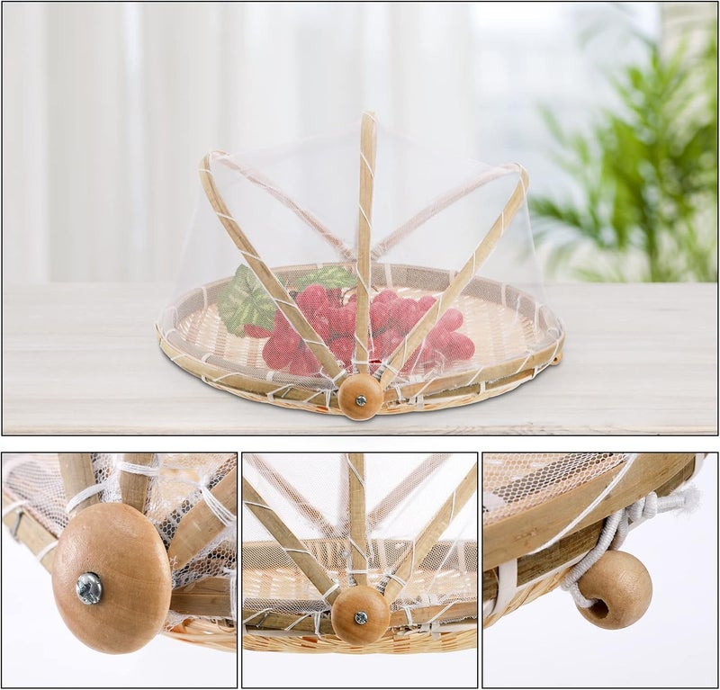 STORE 2508 Store2508 Food Serving Tent Basket, 30cm Hand-Woven Bamboo Food Serving Basket with Cover Dustproof Round Picnic Tray for Vegetable Fruit Bread Meals - Image 3