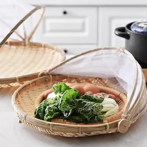 STORE 2508 Store2508 Food Serving Tent Basket, 30cm Hand-Woven Bamboo Food Serving Basket with Cover Dustproof Round Picnic Tray for Vegetable Fruit Bread Meals - Image 5