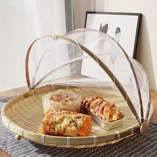 STORE 2508 Store2508 Food Serving Tent Basket, 30cm Hand-Woven Bamboo Food Serving Basket with Cover Dustproof Round Picnic Tray for Vegetable Fruit Bread Meals - Image 4