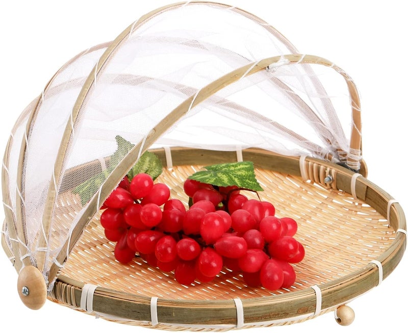 STORE 2508 Store2508 Food Serving Tent Basket, 30cm Hand-Woven Bamboo Food Serving Basket with Cover Dustproof Round Picnic Tray for Vegetable Fruit Bread Meals - Image 1