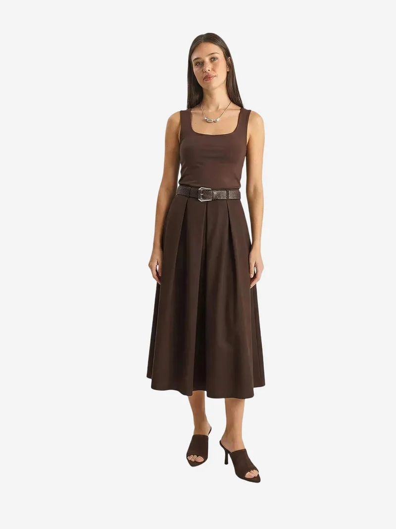 Bianco Lucci Mocha Brown LUCCI High Waist Midi Skirt with Belt for Women | Best Price UAE