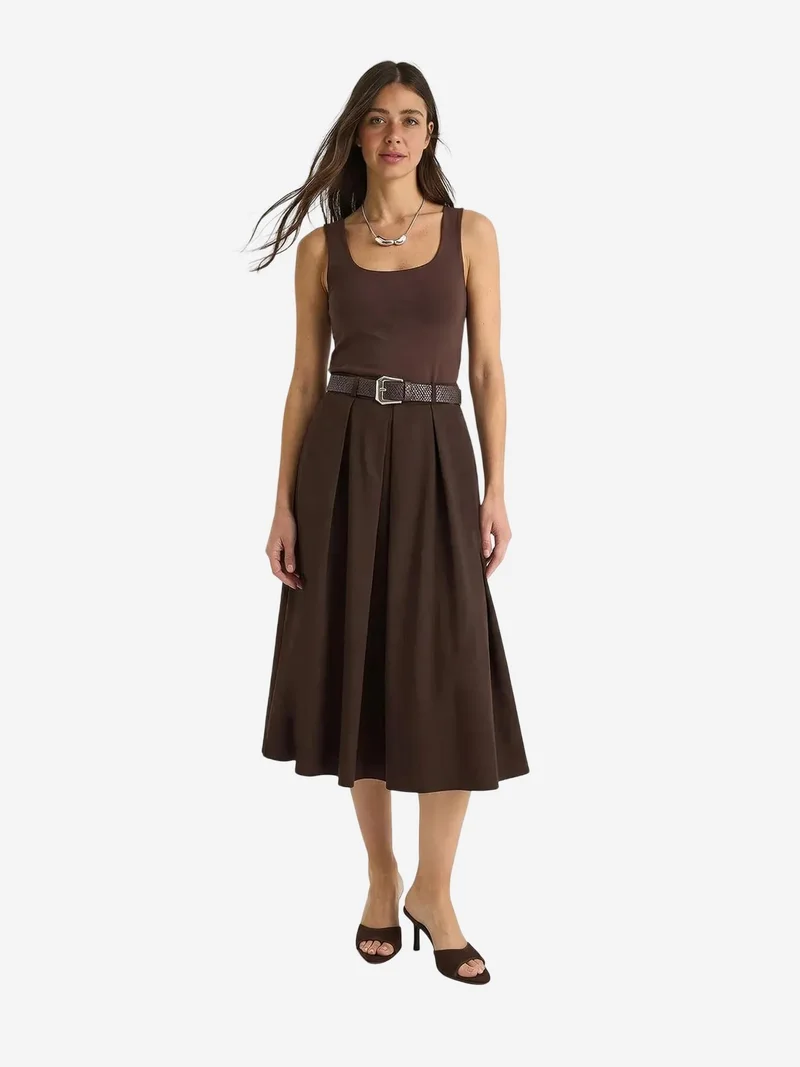 Bianco Lucci Mocha Brown LUCCI High Waist Midi Skirt with Belt for Women | Best Price UAE