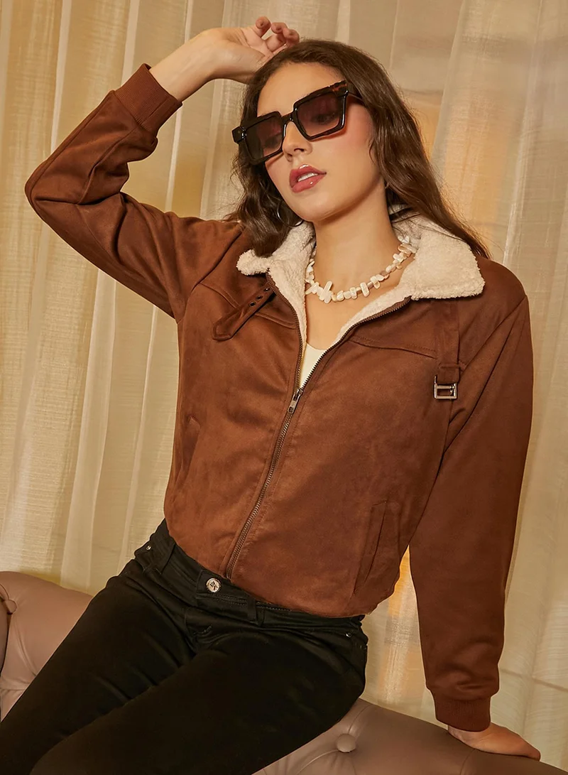 Campus Sutra Women's Chocolate Brown & Daisy White Fleece-Lined Biker Jacket