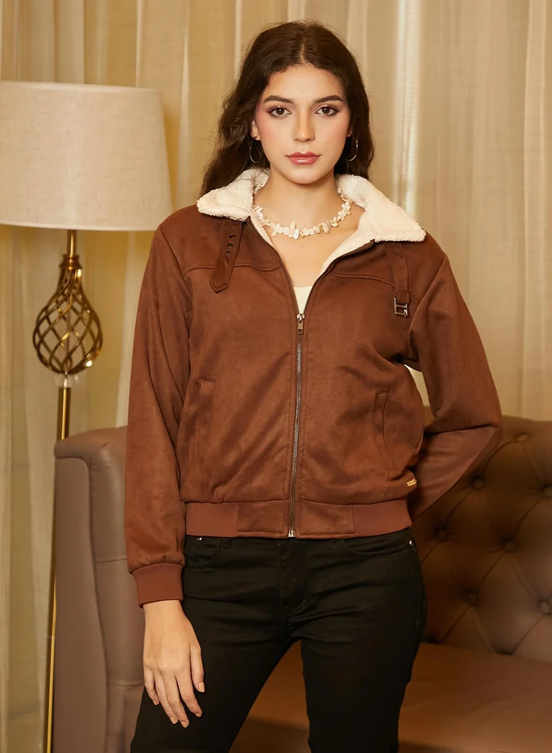 Campus Sutra Women's Chocolate Brown & Daisy White Fleece-Lined Biker Jacket