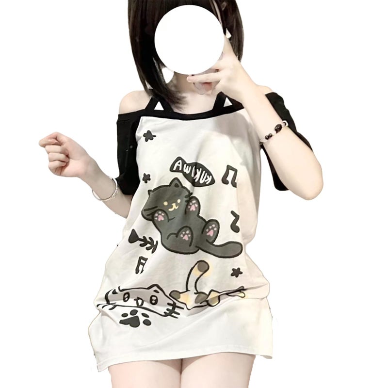 Dynict Y2k Kawaii Shirts for Women Cartoon Graphic Tees Off Shoulder Cutecore Shirts Harajuku Fashion Gothic Tops (Black,Medium) - Image 1