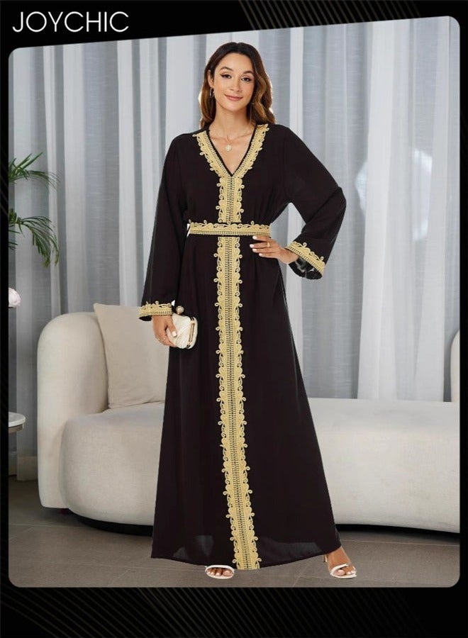 Joychic فستان ماكسي طويل الأكمام مزين للنساء بفتحة على شكل حرف V عباءة صلاة مسلمة أنيقة - Image 1