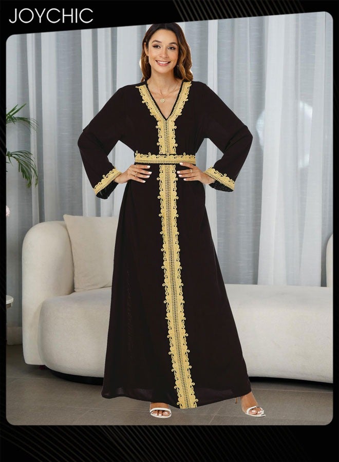Joychic فستان ماكسي طويل الأكمام مزين للنساء بفتحة على شكل حرف V عباءة صلاة مسلمة أنيقة - Image 2