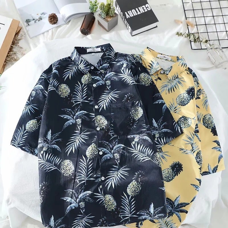 South Korea vintage leaves pineapple floral couple's short-sleeved shirt summer versatile men's and women's same Beach seaside shirt - Image 2