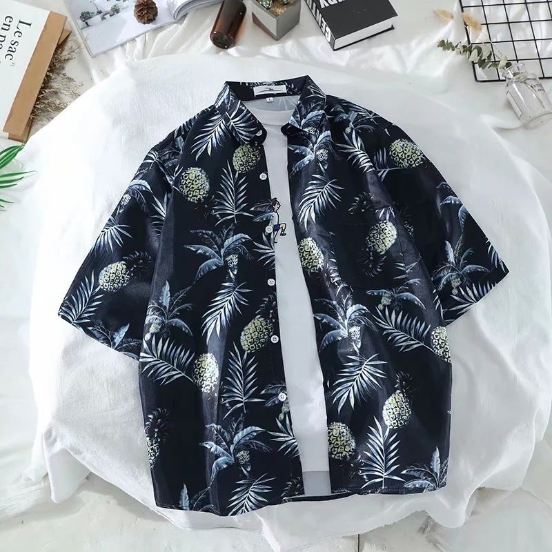 South Korea vintage leaves pineapple floral couple's short-sleeved shirt summer versatile men's and women's same Beach seaside shirt - Image 4