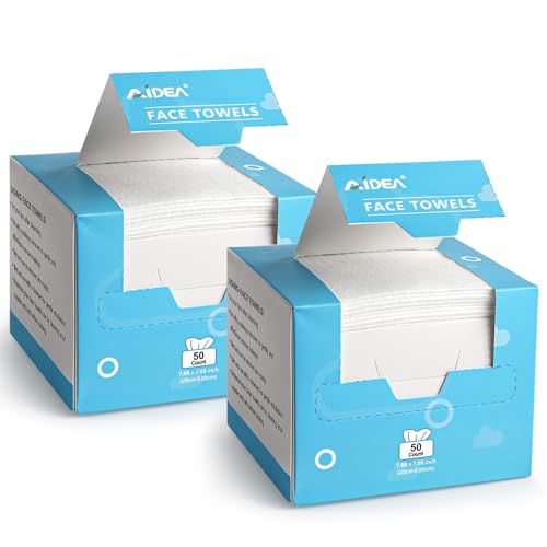 AIDEA Face Towels Disposable100Ct 2 Box Clean Facial Towelettes for Sensitive Skin Cleansing Wipes for Makeup Removing Nursing Travel Dry Wipes Face Cloths - Image 1