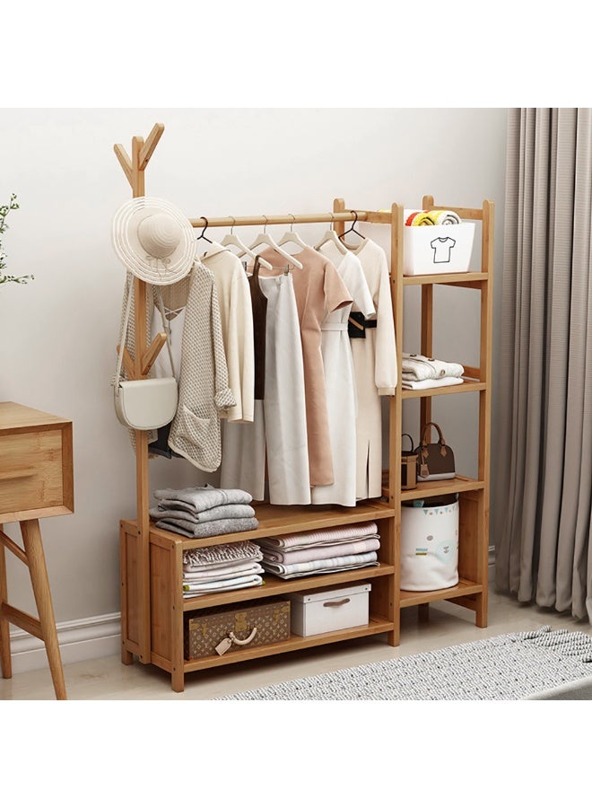 Bedroom Clothes Rack Bamboo Garment Rack Floor Standing Clothes Hanging Rack with Shelves and Hooks for Coat Dress Shirt Trousers Bag and Hat (100cm) - Image 3