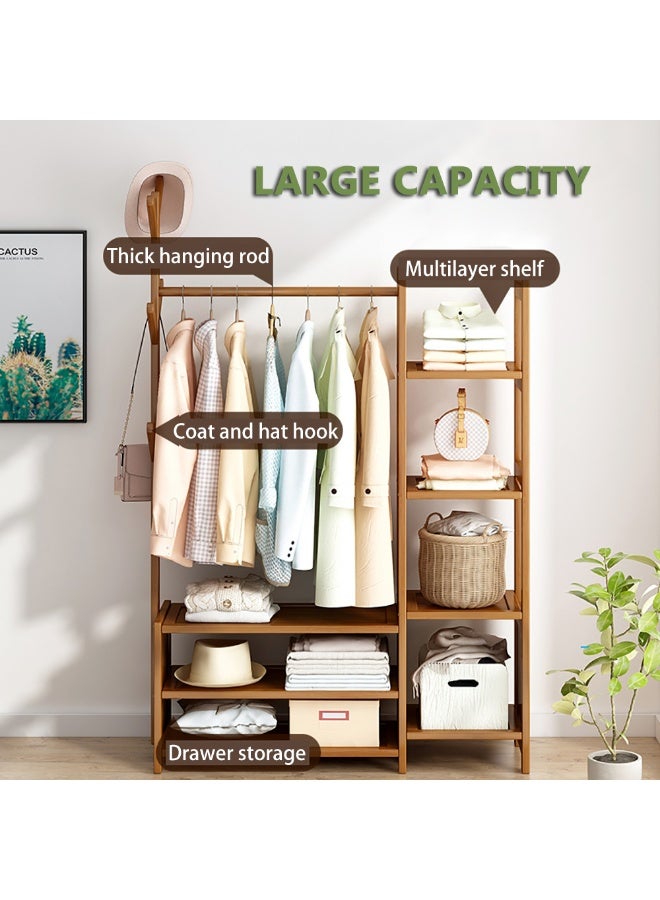Bedroom Clothes Rack Bamboo Garment Rack Floor Standing Clothes Hanging Rack with Shelves and Hooks for Coat Dress Shirt Trousers Bag and Hat (100cm) - Image 5
