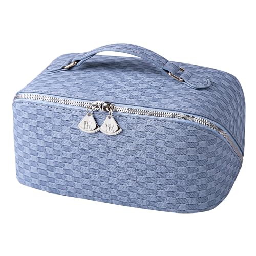 BATFIELD Cosmetic Bag for Women, Litchi PU Leather Makeup Pouch for Women, Large Capacity Cosmetic Travel Bag, Portable Makeup Kit Storage Bag with Handle and Divider (Checkered Blue) 23x12x12 cm - Image 1