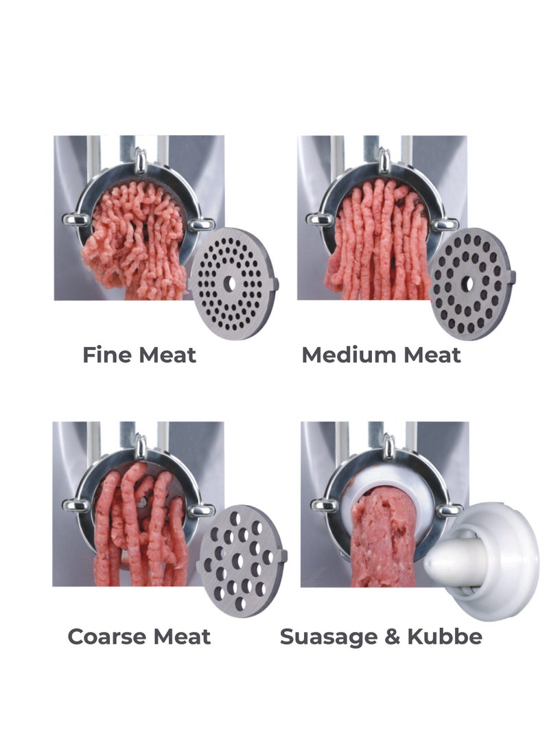 MULLER KITCHEN 1800W Stainless Steel Meat Grinder - 3 Size Cutting Plates - with Reverse Function and Locking Knob - Has Storage compartments for Accessories and for Power Cord  - Image 4
