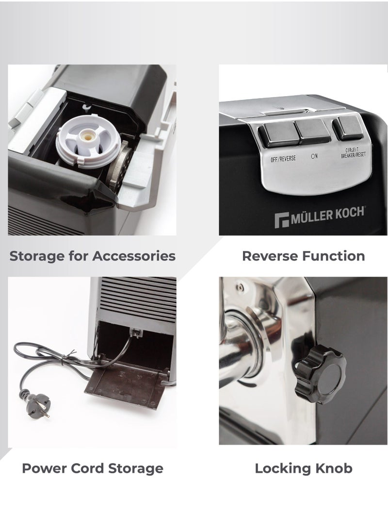MULLER KITCHEN 1800W Stainless Steel Meat Grinder - 3 Size Cutting Plates - with Reverse Function and Locking Knob - Has Storage compartments for Accessories and for Power Cord  - Image 5