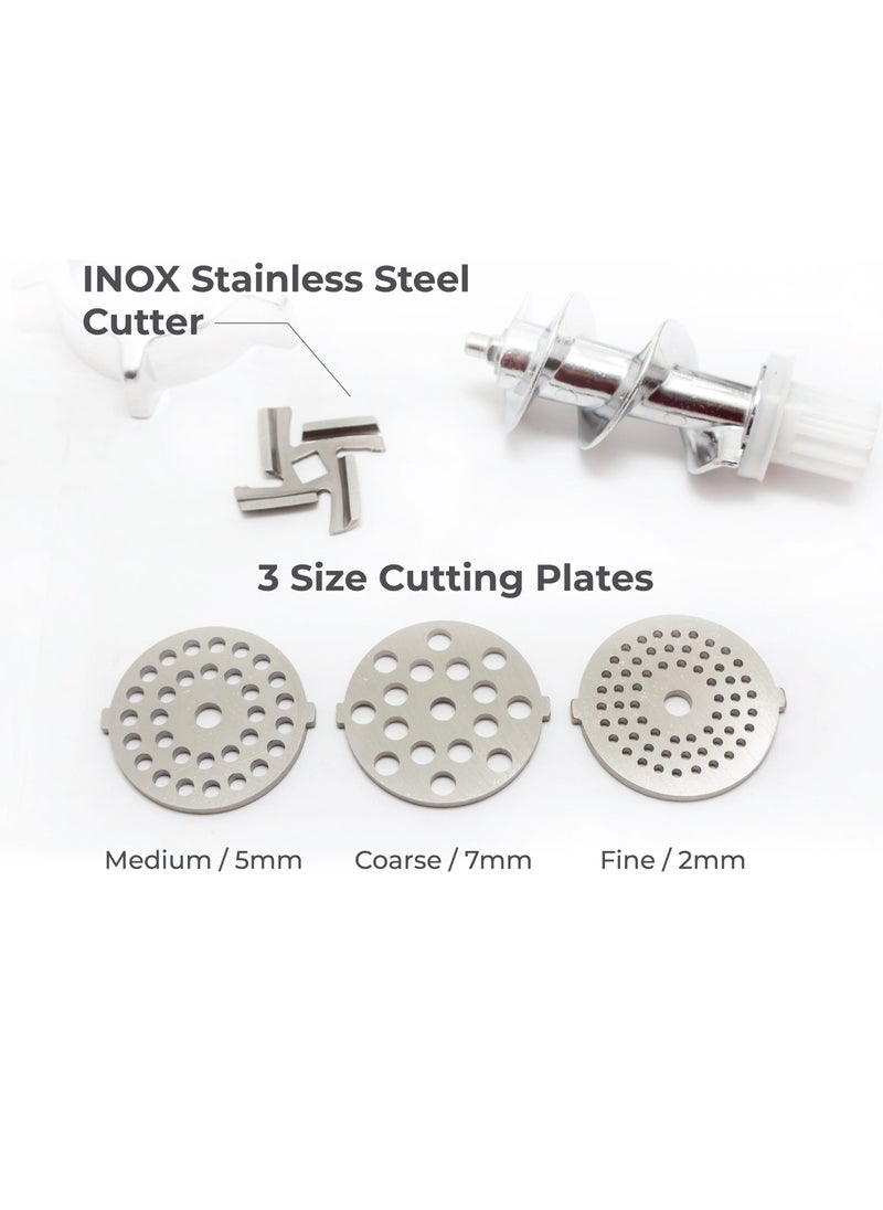 MULLER KITCHEN 1800W Stainless Steel Meat Grinder - 3 Size Cutting Plates - with Reverse Function and Locking Knob - Has Storage compartments for Accessories and for Power Cord  - Image 3