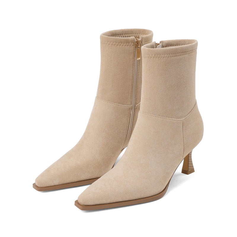 Atsroel Kitten Heel Ankle Boots For Women Pointed Toe Fall Booties Side Zip Dressy Short Booties Low Heel Beige Boots Size 7 - Image 1