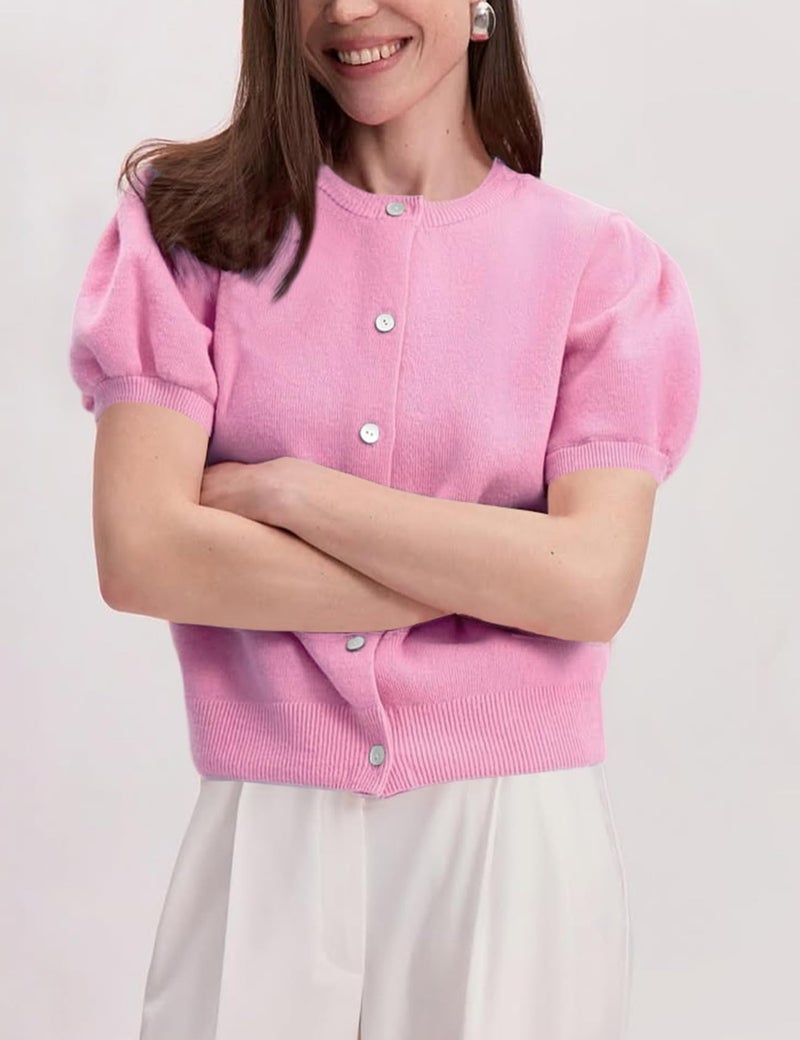 Yimoon Womens Lightweight Summer Puff Short Sleeve Cardigan Button Up Sweater Y2k Knit Cropped Blouse Tops(Pink-M) - Image 2