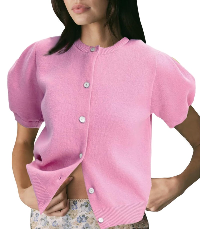 Yimoon Womens Lightweight Summer Puff Short Sleeve Cardigan Button Up Sweater Y2k Knit Cropped Blouse Tops(Pink-M) - Image 1