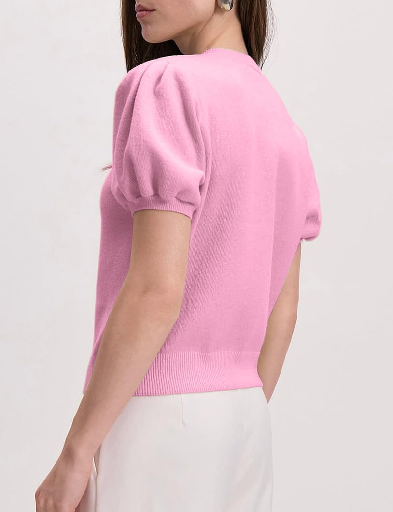 Yimoon Womens Lightweight Summer Puff Short Sleeve Cardigan Button Up Sweater Y2k Knit Cropped Blouse Tops(Pink-M) - Image 3