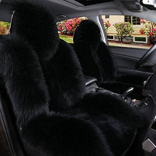 IMQOQ A Pair 50% Genuine Sheepskin Fur Car 2 Front Seat Covers Set Winter Warm Universal Black… - Image 1