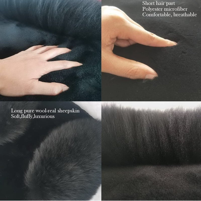 IMQOQ A Pair 50% Genuine Sheepskin Fur Car 2 Front Seat Covers Set Winter Warm Universal Black… - Image 4