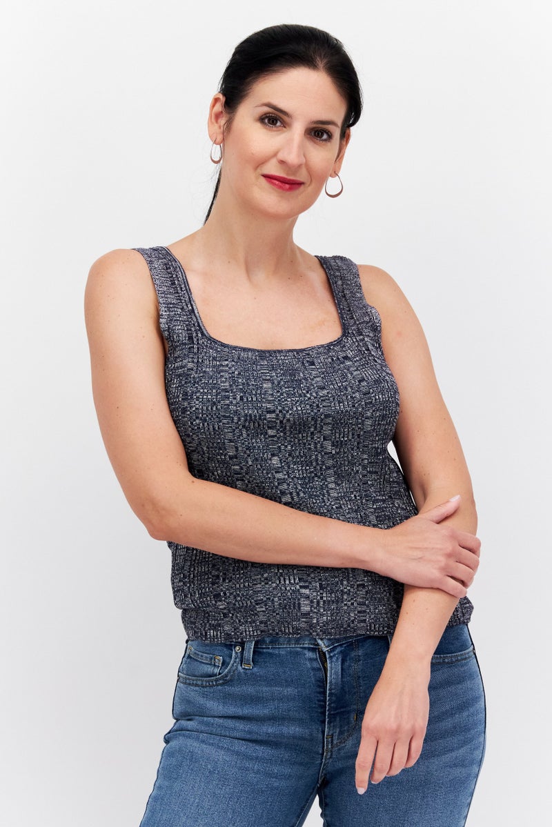 ESPRIT بلوزة نسائية بدون أكمام بتصميم مربع العنق، لون كحلي - Image 1