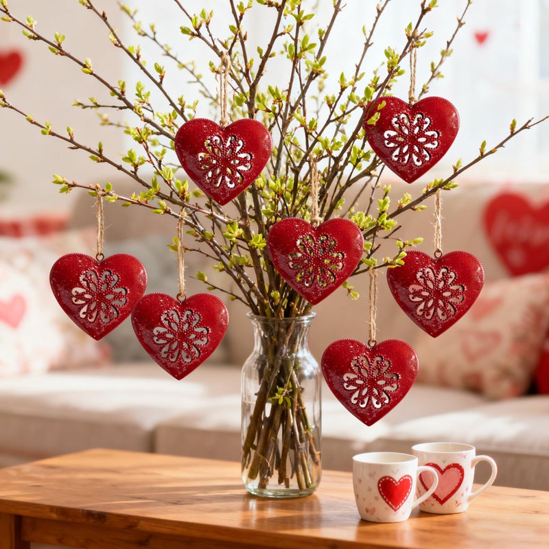 LFUTARI 6 Pcs Valentines Metal Heart Ornament, Christmas Heart-Shaped Metal Decoration, Vintage Red Hearts Wall Hanging Decor for Valentine's Day Christmas Tree Holiday Party Home Decoration - Image 5