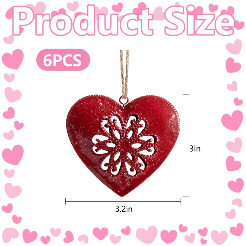 LFUTARI 6 Pcs Valentines Metal Heart Ornament, Christmas Heart-Shaped Metal Decoration, Vintage Red Hearts Wall Hanging Decor for Valentine's Day Christmas Tree Holiday Party Home Decoration - Image 2